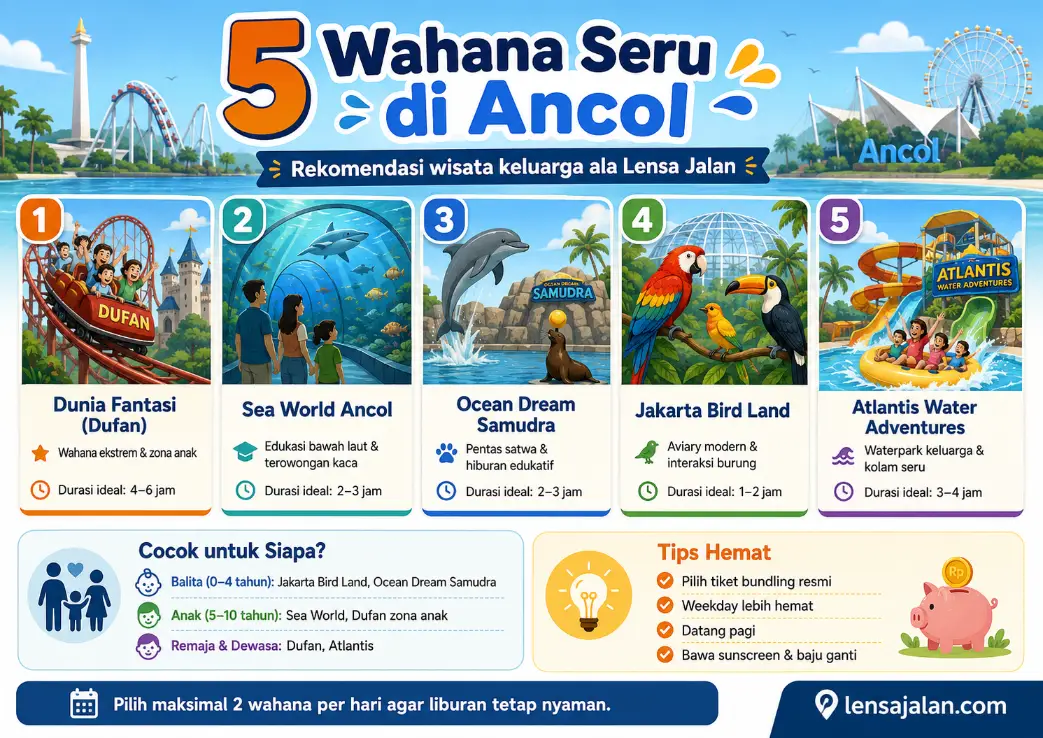Infografis 5 wahana seru di Ancol untuk liburan keluarga, menampilkan Dufan, Sea World Ancol, Ocean Dream Samudra, Jakarta Bird Land, dan Atlantis Water Adventures, lengkap dengan durasi ideal, rekomendasi usia, serta tips hemat dari lensajalan.com.
