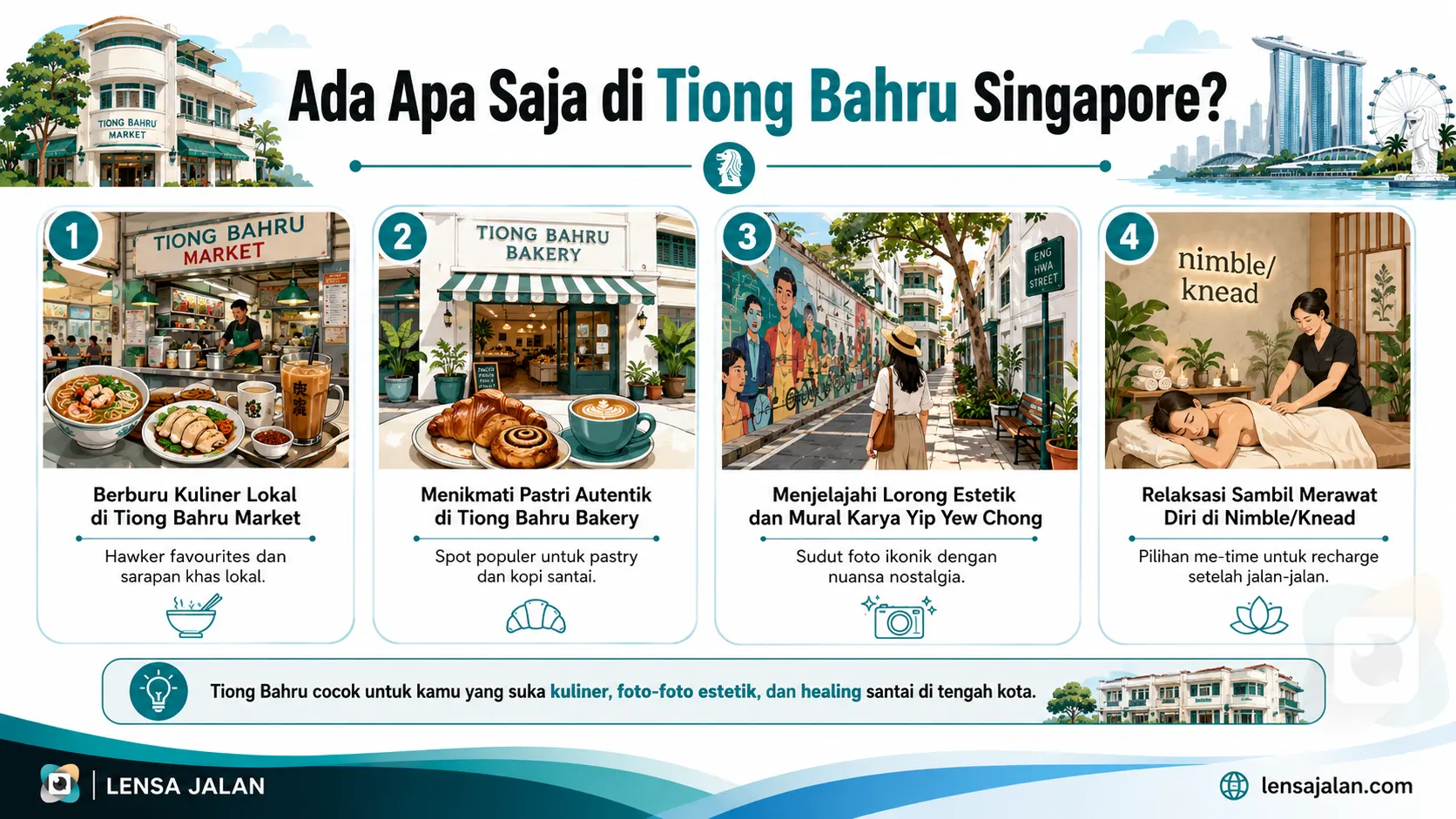 Infografis Ada Apa Saja di Tiong Bahru Singapore, menampilkan rekomendasi aktivitas seperti berburu kuliner di Tiong Bahru Market, menikmati pastry di Tiong Bahru Bakery, menjelajahi mural karya Yip Yew Chong, dan relaksasi di Nimble/Knead.