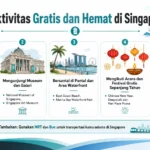 Infografis aktivitas gratis dan hemat di Singapore, berisi rekomendasi taman gratis, museum, waterfront, festival, street art, kuliner lokal, serta tips menggunakan MRT dan bus selama liburan.