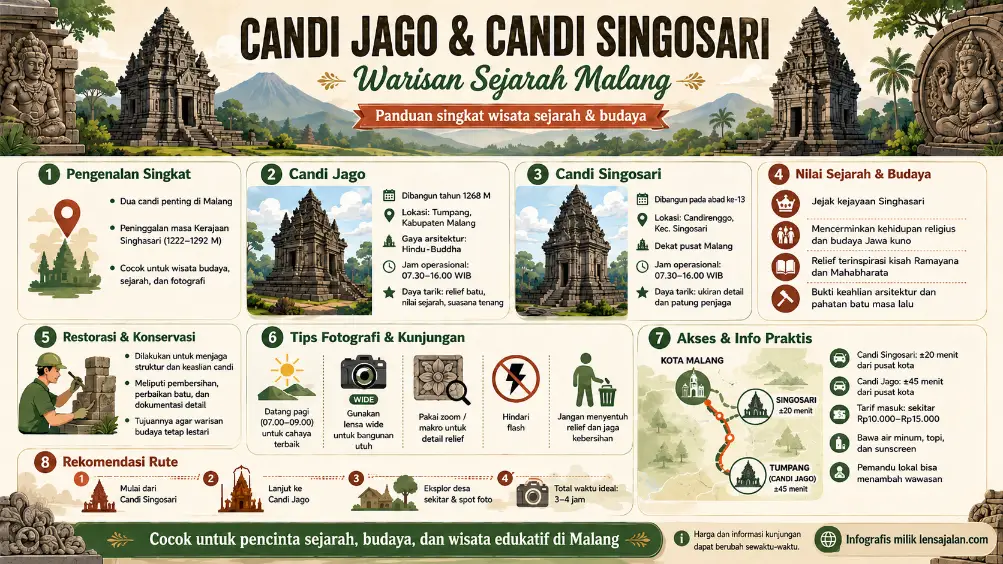 Infografis Candi Jago dan Candi Singosari sebagai warisan sejarah Malang, lengkap dengan sejarah singkat, nilai budaya, tips fotografi, akses kunjungan, rekomendasi rute, dan informasi praktis dari lensajalan.com.