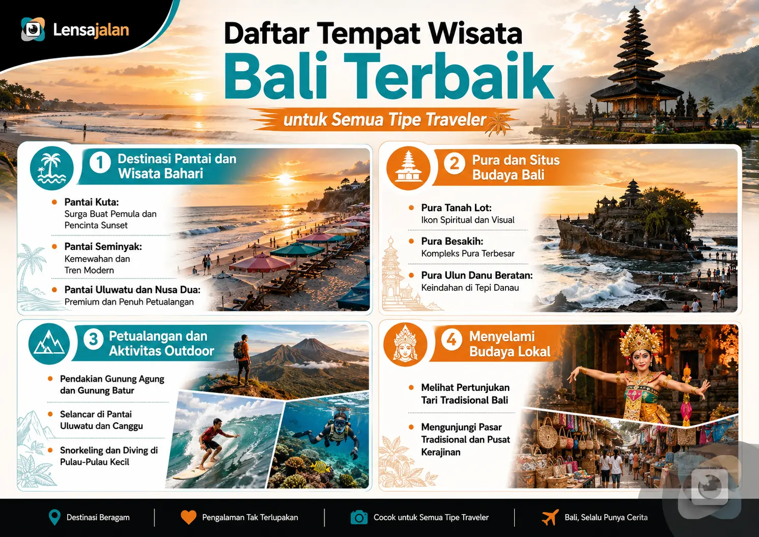 Infografis daftar tempat wisata Bali terbaik untuk semua tipe traveler, mulai dari pantai, pura, aktivitas outdoor, hingga budaya lokal.