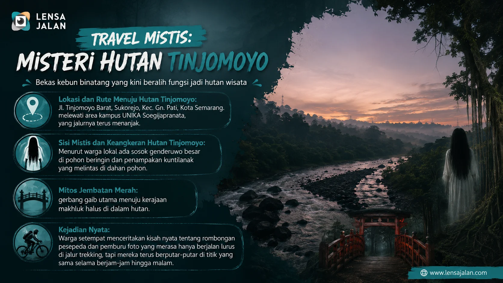 Travel Mistis: Misteri Hutan Tinjomoyo Semarang dengan suasana hutan berkabut, sungai alami, dan kisah mistis tentang genderuwo, kuntilanak, serta legenda Jembatan Merah.