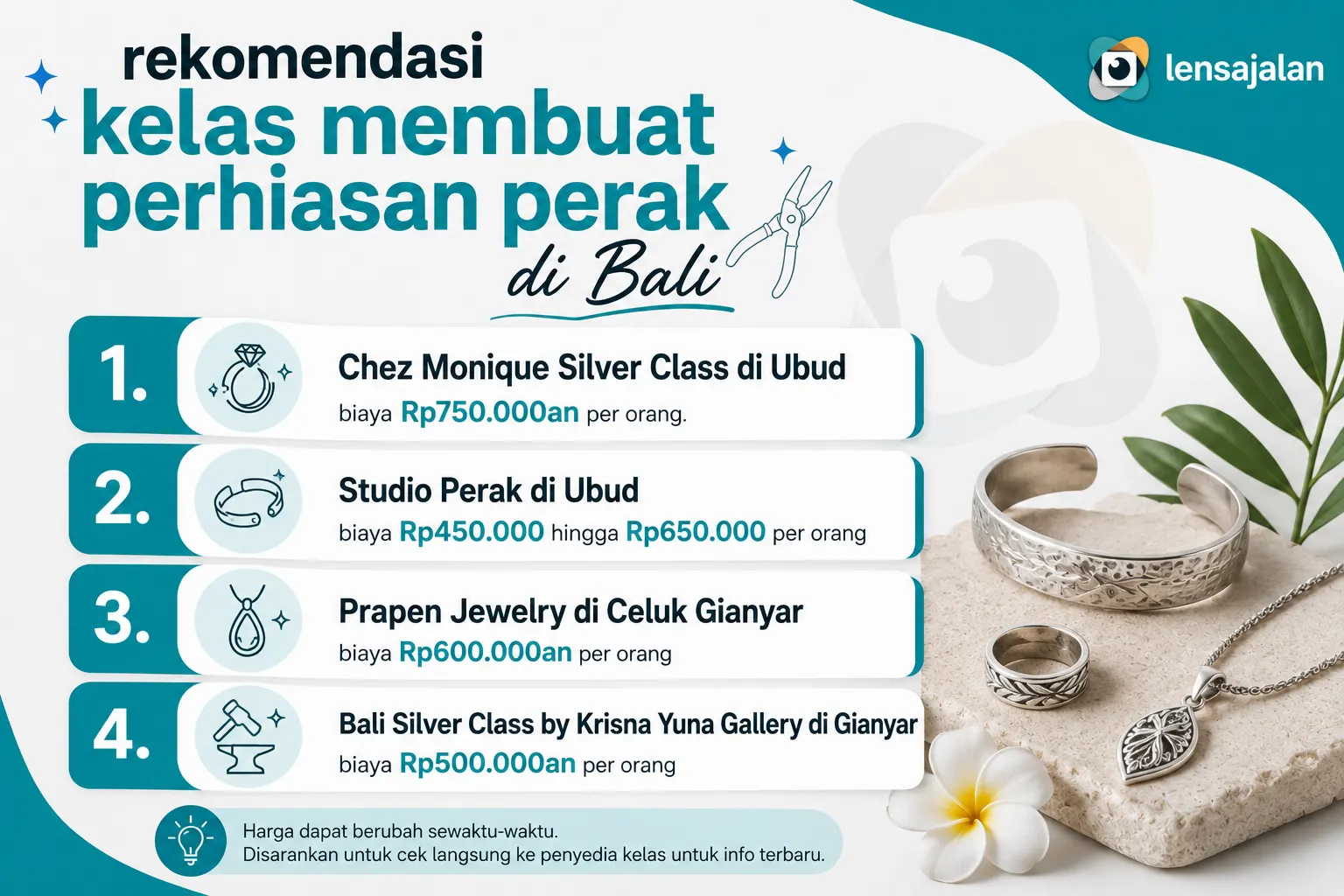 Infografis rekomendasi kelas membuat perhiasan perak di Bali, berisi daftar workshop di Ubud, Celuk Gianyar, dan Gianyar lengkap dengan estimasi biaya per orang.