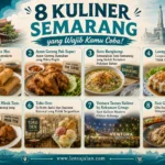 Infografis landscape 8 kuliner Semarang yang wajib dicoba, menampilkan Lunpia Cik Me Me, Ayam Goreng Pak Supar, Soto Bangkong, Loenpia Mbak Lien, Warung Makan Mbak Tum, Toko Oen, Ventura Taman Kuliner, dan Nasi Gandul Pak Memet dengan watermark www.lensajalan.com.