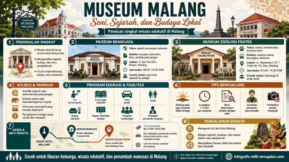 Infografis Museum Malang tentang seni, sejarah, dan budaya lokal, lengkap dengan rekomendasi Museum Brawijaya, Museum Zoologi Frater, koleksi pameran, program edukasi, tips berkunjung, akses, dan informasi praktis dari lensajalan.com.