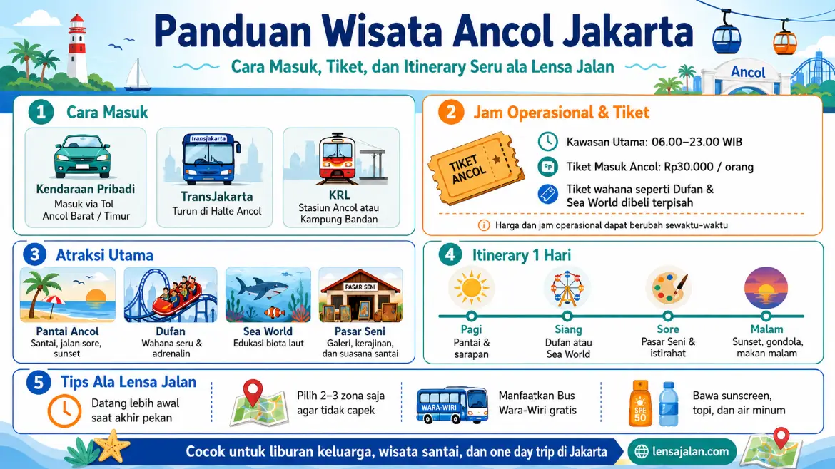Infografis panduan wisata Ancol Jakarta ala Lensa Jalan, lengkap dengan cara masuk Ancol, pilihan transportasi, jam operasional, tiket masuk, atraksi utama seperti Pantai Ancol, Dufan, Sea World, Pasar Seni, itinerary satu hari, dan tips berkunjung.