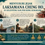 Infografis landscape tentang jejak Laksamana Cheng Ho di Kelenteng Sam Poo Kong Semarang, menampilkan ilustrasi Cheng Ho, kapal armada maritim, kelenteng, gua Simongan, serta penjelasan sejarah singkat.