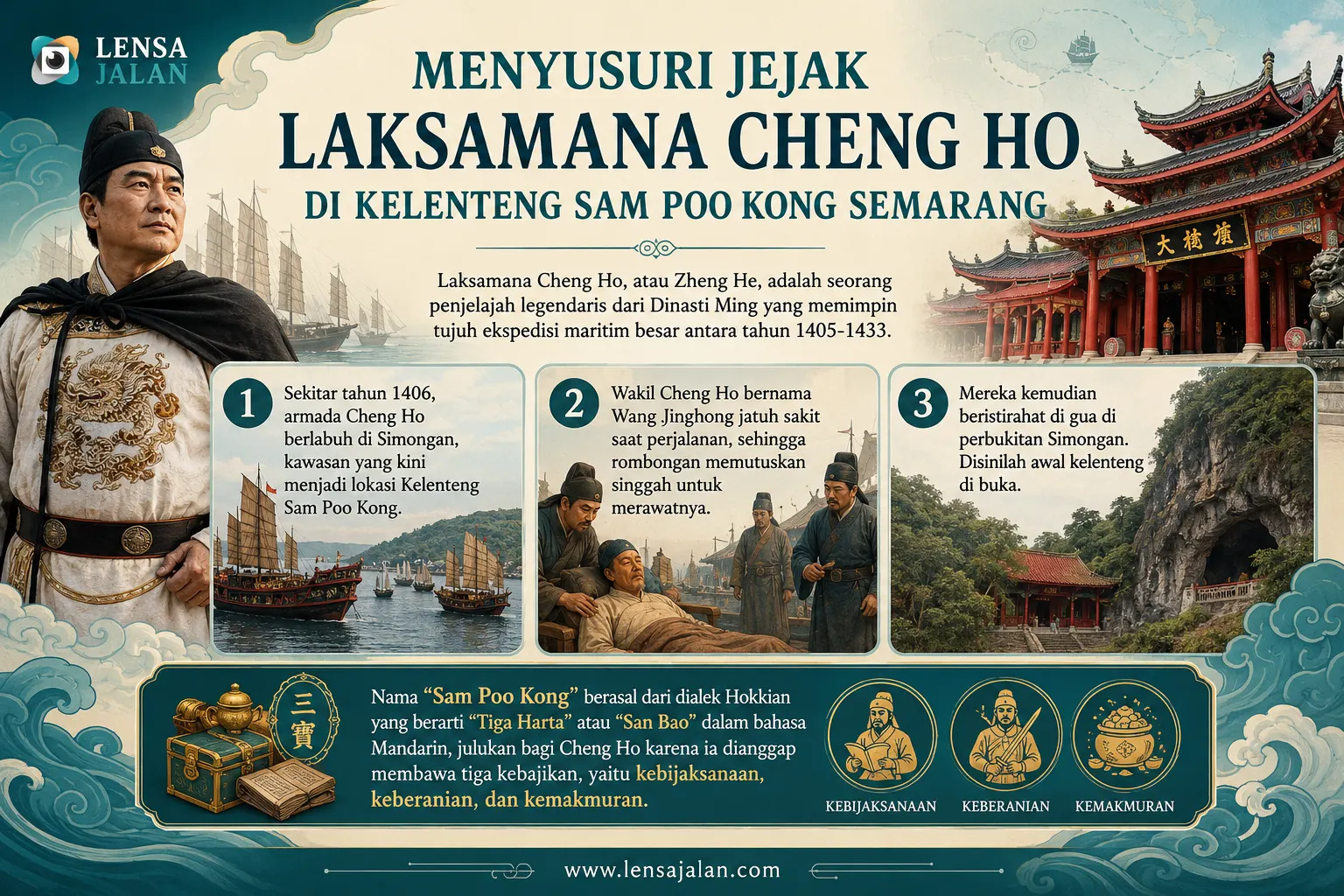 Infografis landscape tentang jejak Laksamana Cheng Ho di Kelenteng Sam Poo Kong Semarang, menampilkan ilustrasi Cheng Ho, kapal armada maritim, kelenteng, gua Simongan, serta penjelasan sejarah singkat.