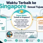 Infografis Lensajalan tentang waktu terbaik ke Singapore sesuai tujuan perjalanan, mulai dari Februari hingga April untuk cuaca cerah, Juni hingga Juli untuk diskon belanja, Maret dan Oktober untuk hemat budget, serta Desember hingga Februari untuk festival dan konser.