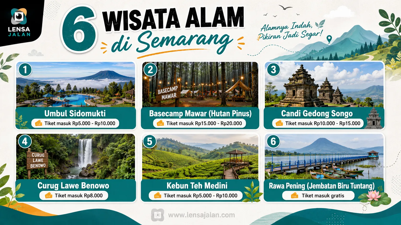 Infografis 6 wisata alam di Semarang yang menampilkan Umbul Sidomukti, Basecamp Mawar, Candi Gedong Songo, Curug Lawe Benowo, Kebun Teh Medini, dan Rawa Pening beserta harga tiket masuknya.