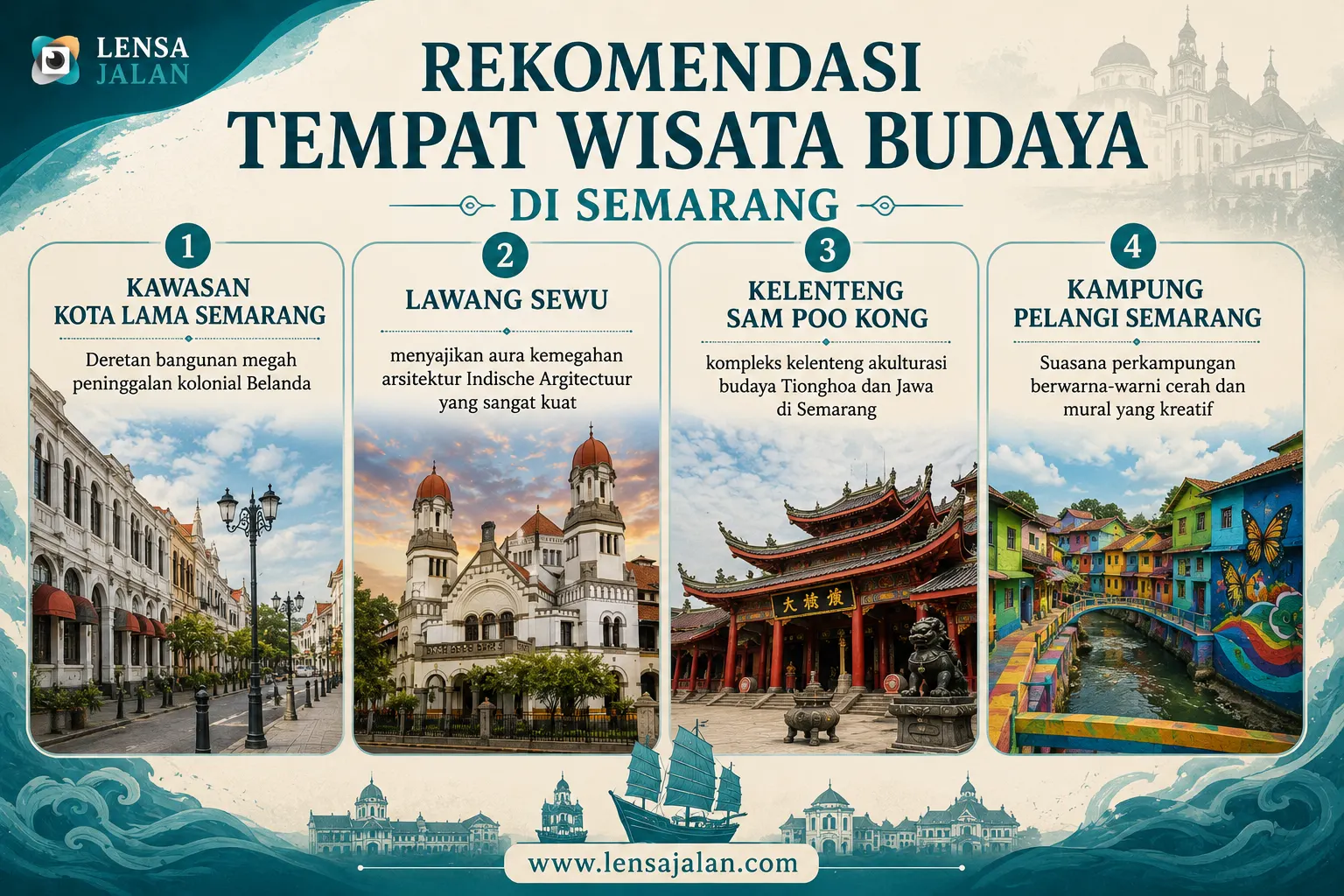 Infografis landscape rekomendasi tempat wisata budaya di Semarang yang menampilkan Kota Lama Semarang, Lawang Sewu, Kelenteng Sam Poo Kong, dan Kampung Pelangi Semarang dengan dominasi warna biru toska serta watermark www.lensajalan.com.