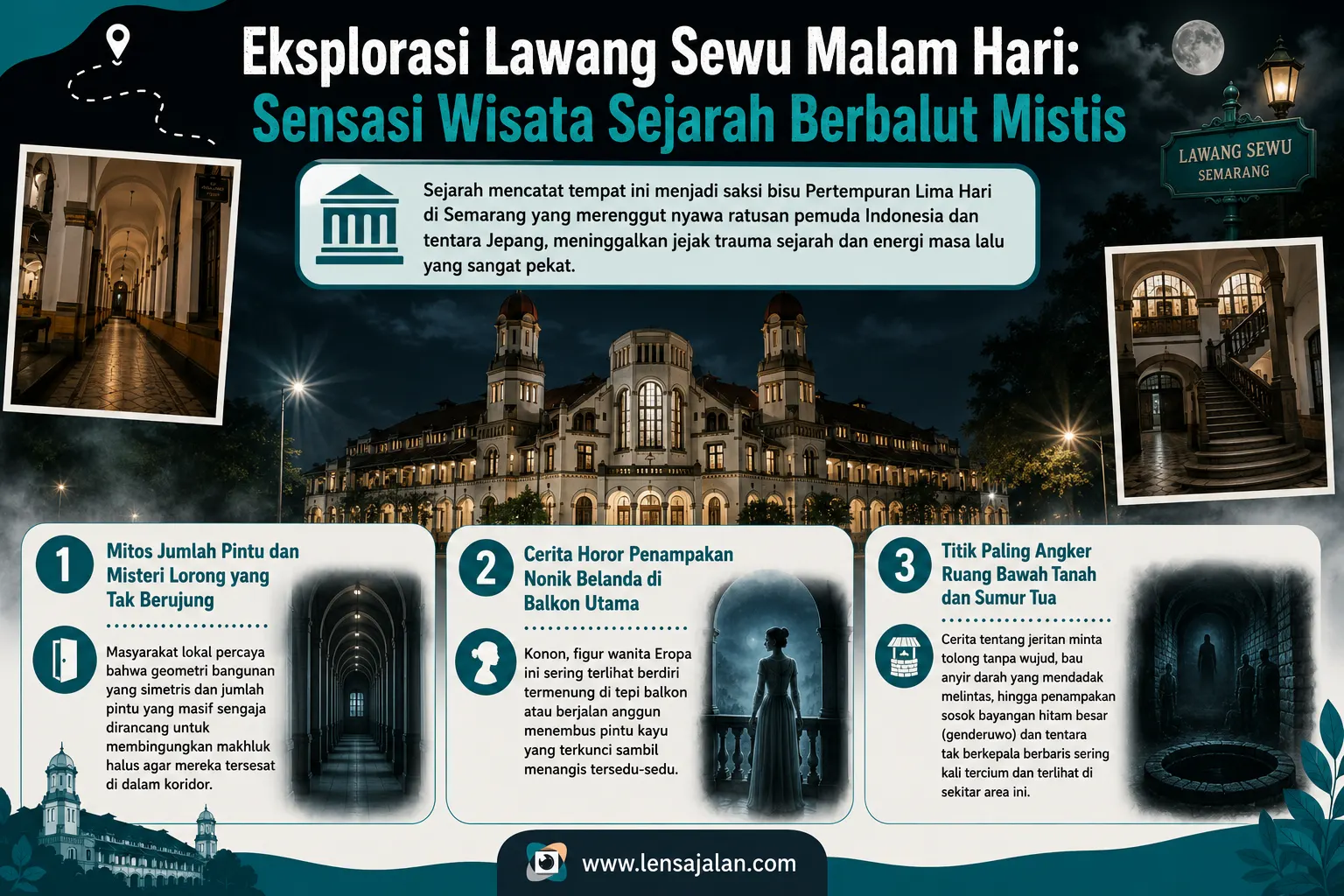 Infografis eksplorasi Lawang Sewu malam hari yang membahas sejarah Pertempuran Lima Hari di Semarang, mitos jumlah pintu, penampakan Nonik Belanda, serta titik angker ruang bawah tanah dan sumur tua.