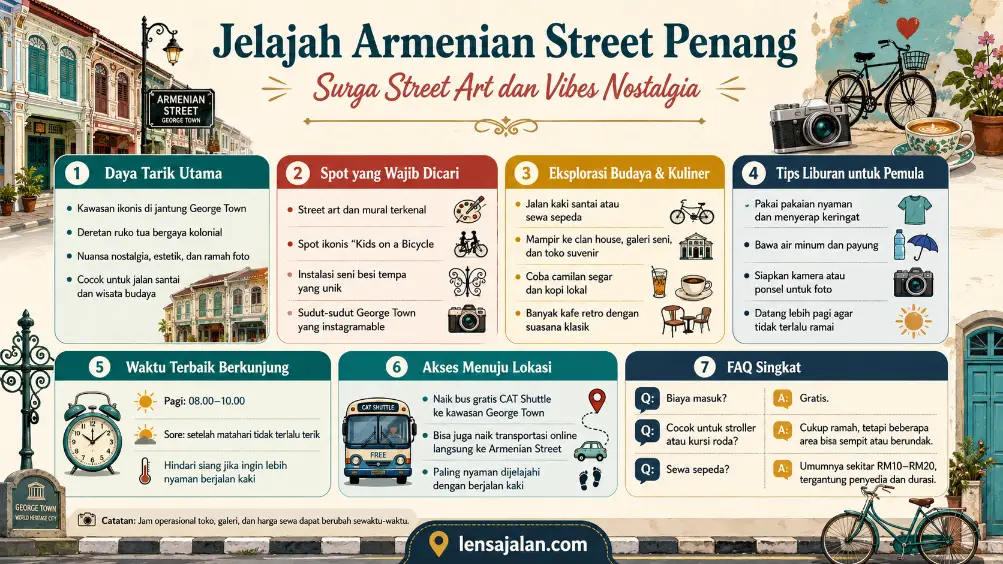 Infografis landscape Jelajah Armenian Street Penang yang menampilkan daya tarik utama, spot street art Kids on a Bicycle, eksplorasi budaya dan kuliner, tips liburan untuk pemula, waktu terbaik berkunjung, akses menuju lokasi, FAQ singkat, serta identitas pemilik infografis lensajalan.com.