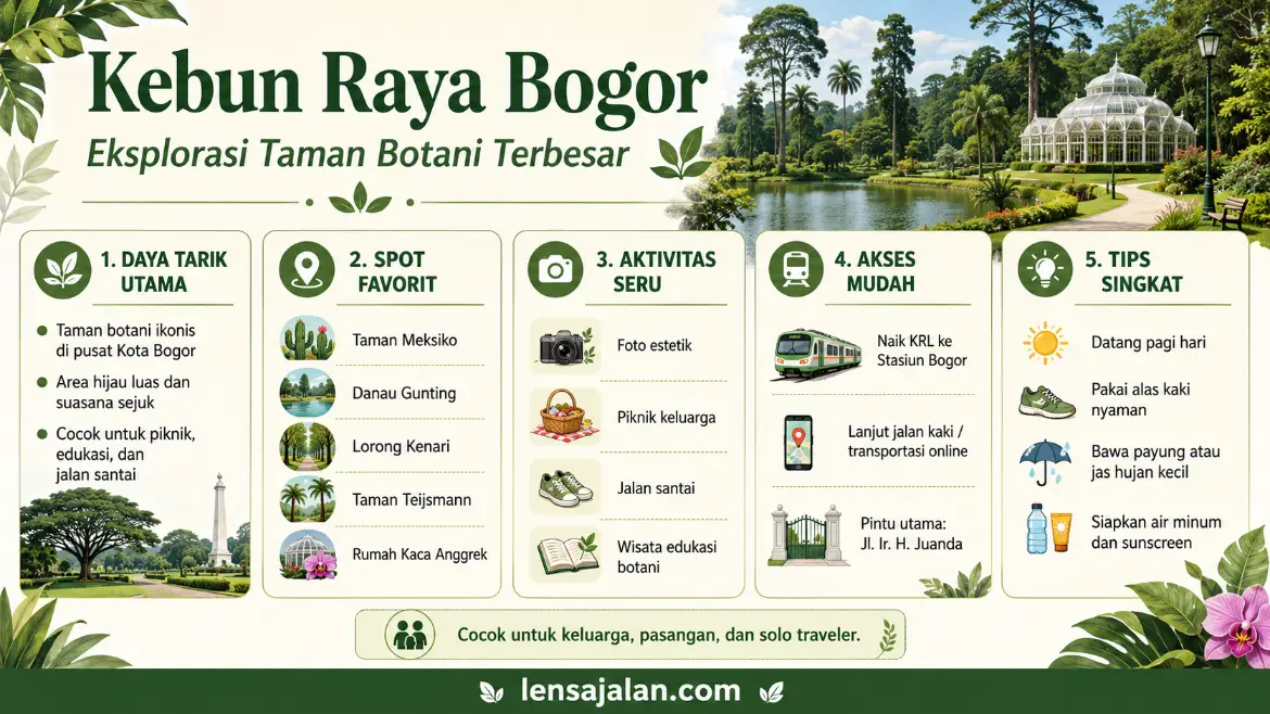 Infografis landscape tentang Kebun Raya Bogor yang menampilkan daya tarik utama, spot favorit seperti Taman Meksiko, Danau Gunting, Lorong Kenari, Taman Teijsmann, dan Rumah Kaca Anggrek, aktivitas seru, akses mudah dari Stasiun Bogor, tips singkat berkunjung, serta identitas pemilik infografis lensajalan.com.