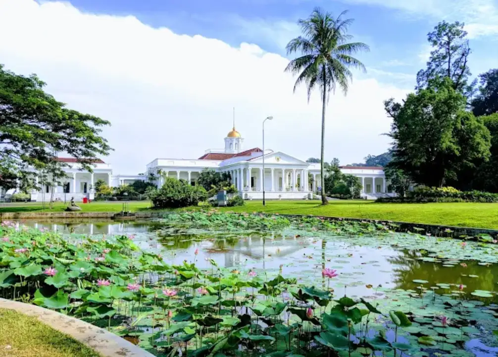 kebun raya bogor. suasana taman terbuka dengan danau dan ada bunga.