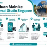 Infografis Panduan Main ke Universal Studio Singapore berisi harga tiket, aplikasi USS, tips wahana, usia pengunjung, dan persiapan sebelum berkunjung.