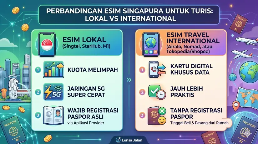 perbandingan eSIM Singapura untuk turis antara eSIM Lokal (Singtel, StarHub, M1) yang wajib registrasi paspor dengan eSIM Travel Internasional (Airalo, Nomad) yang tanpa registrasi paspor.