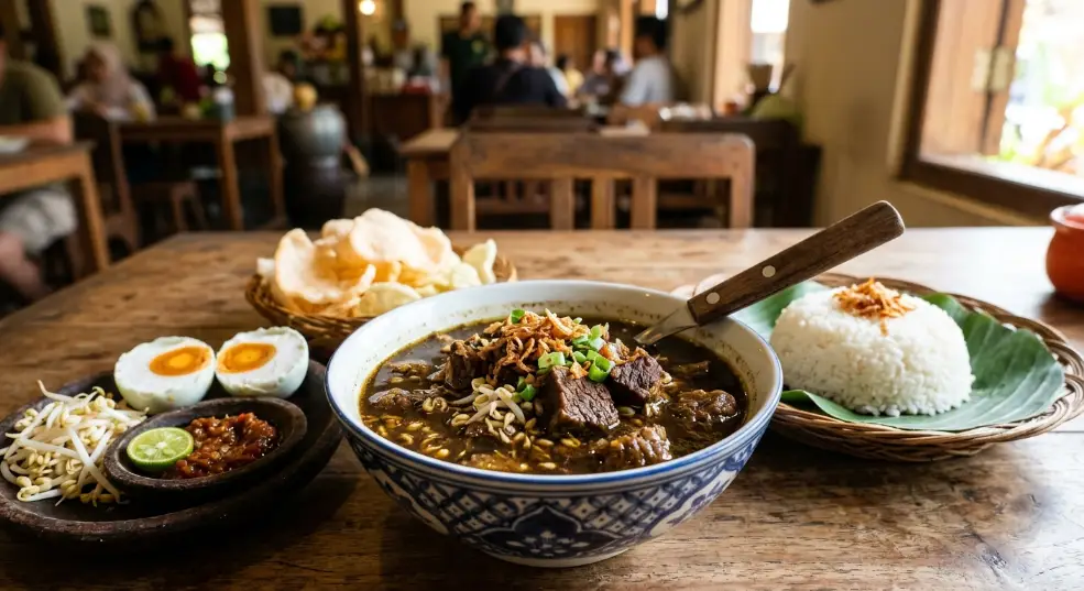 rawon dengan sepiring nasi dan lauk pendamping
