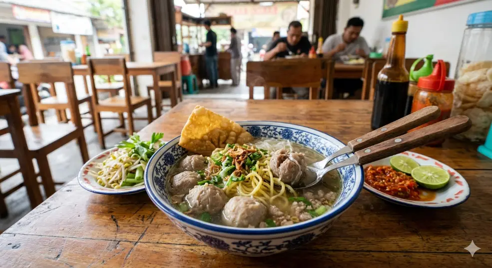semangkok bakso dengan sambal