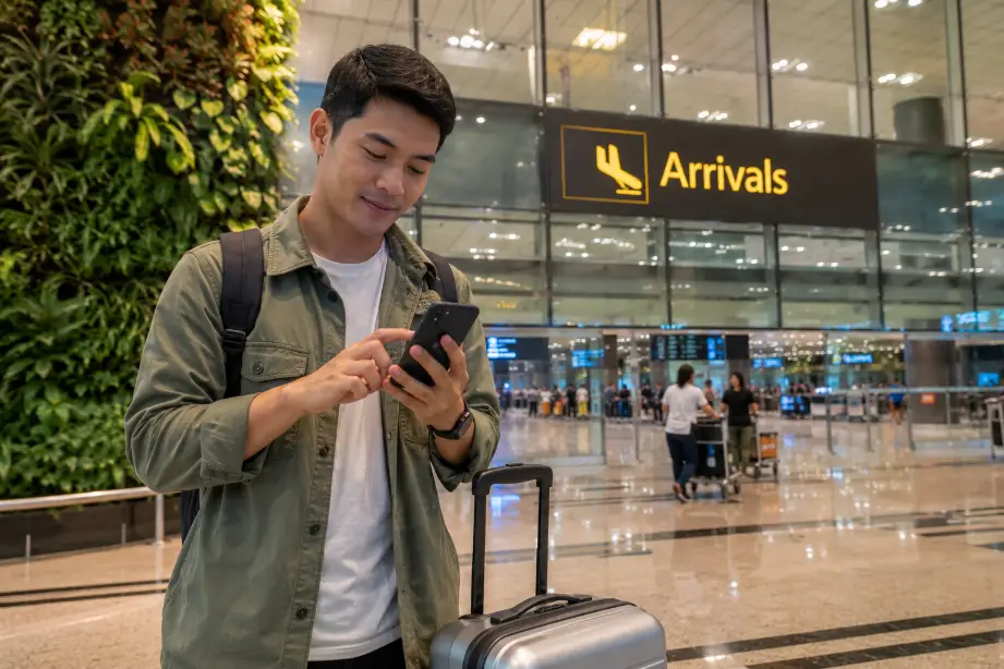 Seorang wisatawan baru tiba di bandara Singapura dan sedang mengaktifkan eSIM di handphone sambil berdiri di area kedatangan dengan koper di sampingnya.