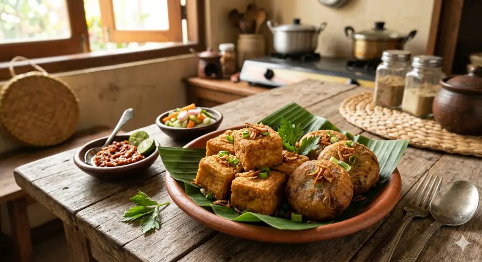 sepiring tahu goreng dan perkedel dengan taburan bawang goreng dan potongan daun bawang