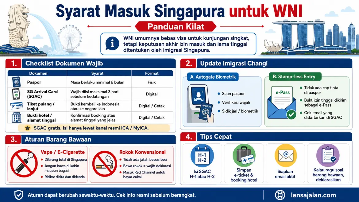Infografis syarat masuk Singapura untuk WNI berisi checklist dokumen wajib seperti paspor, SG Arrival Card, tiket pulang, bukti hotel, update imigrasi Changi dengan autogate biometrik dan e-Pass, aturan barang bawaan seperti larangan vape, aturan rokok, tips cepat sebelum berangkat, serta pemilik infografis lensajalan.com.