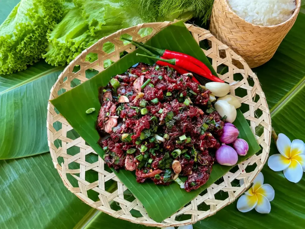 Larb Mua Dib atau Larb Dib atau Luu Mu, yaitu Salad Darah dan Daging Sapi Mentah