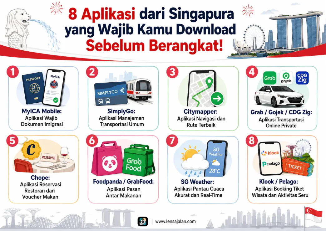 Infografis 8 aplikasi Singapura yang wajib diunduh sebelum berangkat, meliputi MyICA Mobile, SimplyGo, Citymapper, Grab, Gojek, CDG Zig, Chope, Foodpanda, GrabFood, SG Weather, Klook, dan Pelago.