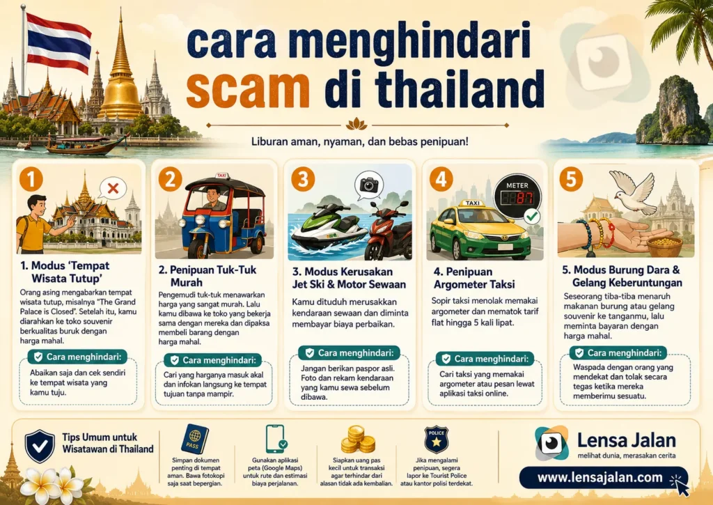 Infografis cara menghindari scam di Thailand untuk wisatawan, berisi tips menghindari modus tempat wisata tutup, tuk-tuk murah, kerusakan jet ski dan motor sewaan, penipuan argometer taksi, serta modus burung dara dan gelang keberuntungan.