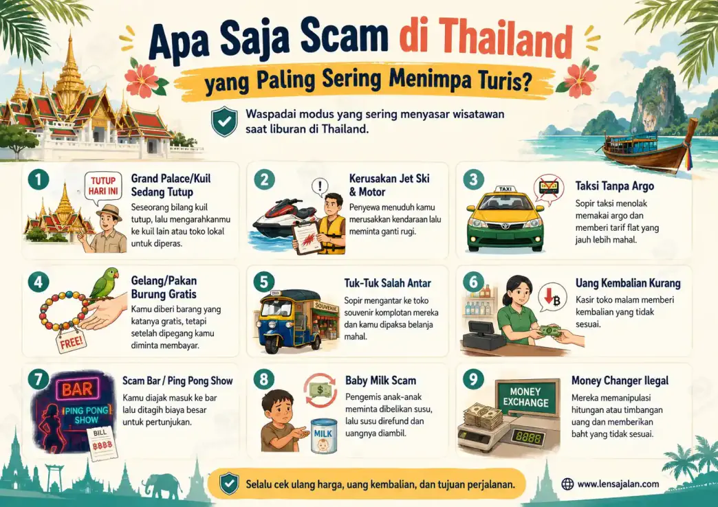 Infografis tentang 9 scam di Thailand yang sering menimpa turis, mulai dari modus kuil tutup, sewa jet ski, taksi tanpa argo, tuk-tuk salah antar, hingga money changer ilegal.