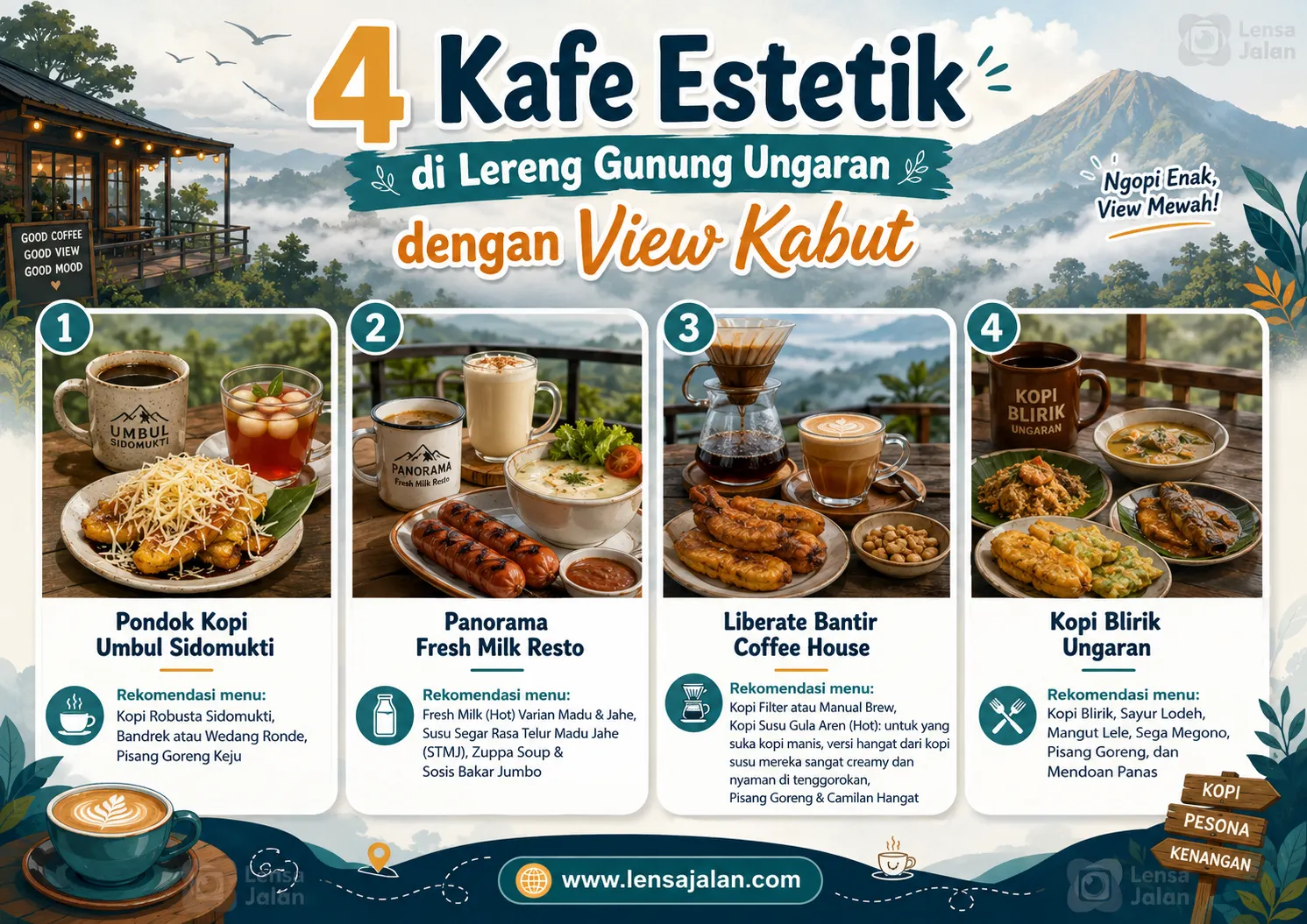 Infografis 4 kafe estetik di lereng Gunung Ungaran dengan view kabut, berisi Pondok Kopi Umbul Sidomukti, Panorama Fresh Milk Resto, Liberate Bantir Coffee House, dan Kopi Blirik Ungaran.