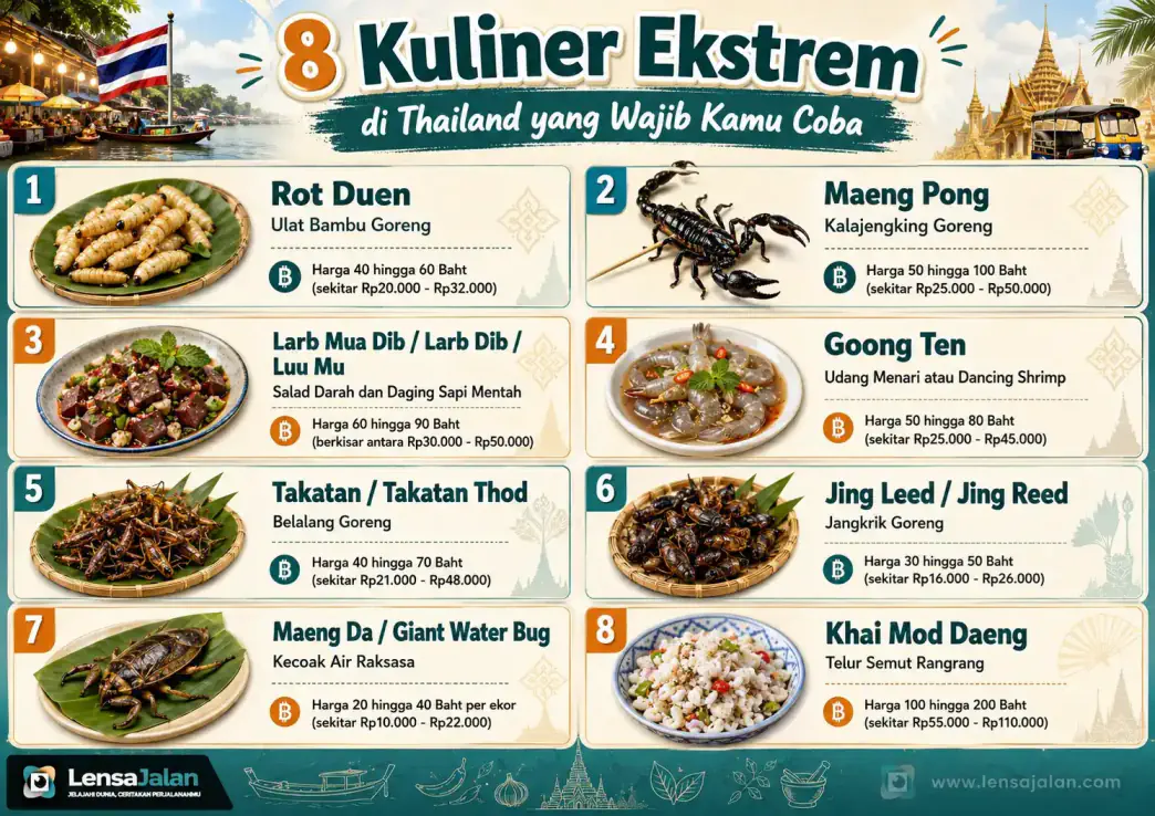 Infografis 8 kuliner ekstrem di Thailand lengkap dengan nama makanan dan kisaran harga, mulai dari ulat bambu goreng, kalajengking goreng, udang menari, hingga telur semut rangrang.
