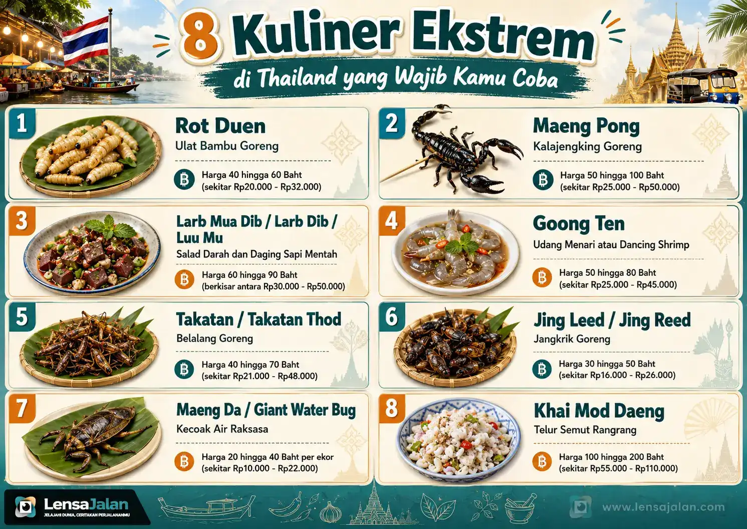 Infografis 8 kuliner ekstrem di Thailand lengkap dengan nama makanan dan kisaran harga, mulai dari ulat bambu goreng, kalajengking goreng, udang menari, hingga telur semut rangrang.