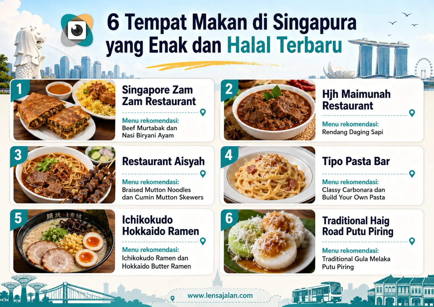 Infografis 6 tempat makan enak dan halal di Singapura, lengkap dengan rekomendasi menu dari Singapore Zam Zam hingga Haig Road Putu Piring.