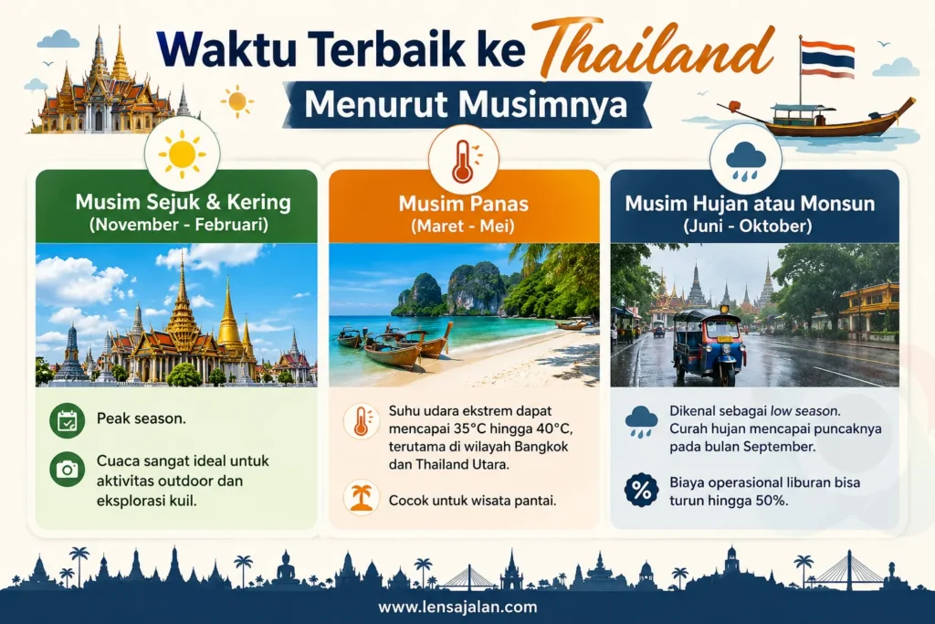 Infografis “Waktu Terbaik ke Thailand Menurut Musimnya” yang menjelaskan tiga periode utama, yaitu musim sejuk dan kering November–Februari sebagai peak season, musim panas Maret–Mei dengan suhu tinggi cocok untuk wisata pantai, serta musim hujan Juni–Oktober sebagai low season dengan potensi biaya liburan lebih hemat.