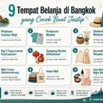 Infografis 9 tempat belanja di Bangkok yang cocok untuk jastip, mulai dari Platinum Fashion Mall, Pratunam Market, Chatuchak Weekend Market, Big C Ratchadamri, Sampeng Market, December’s Shopping Mall, MBK Center, Union Mall, hingga Huai Khwang Night Market.