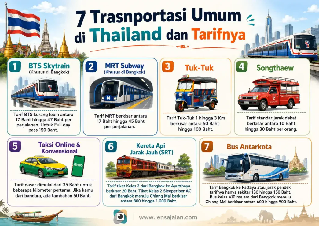 Infografis 7 transportasi umum di Thailand beserta kisaran tarifnya, mulai dari BTS Skytrain, MRT, tuk-tuk, songthaew, taksi, kereta api SRT, hingga bus antarkota.