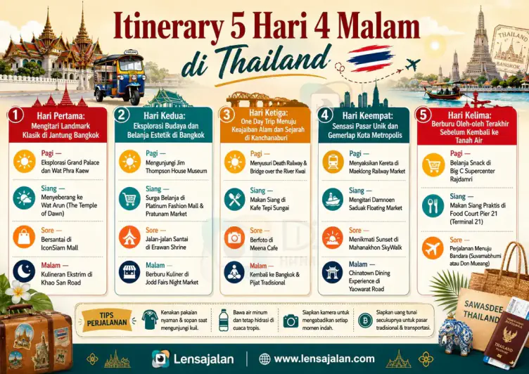 Infografis itinerary 5 hari 4 malam di Thailand berisi rencana perjalanan harian ke Bangkok, Kanchanaburi, Maeklong Railway Market, Damnoen Saduak Floating Market, Mahanakhon SkyWalk, dan tempat belanja oleh-oleh.