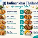 Infografis 10 kuliner khas Thailand ala warga lokal, mulai dari Tom Yum Goong, Pad Thai, Khao Soi, hingga Mango Sticky Rice.