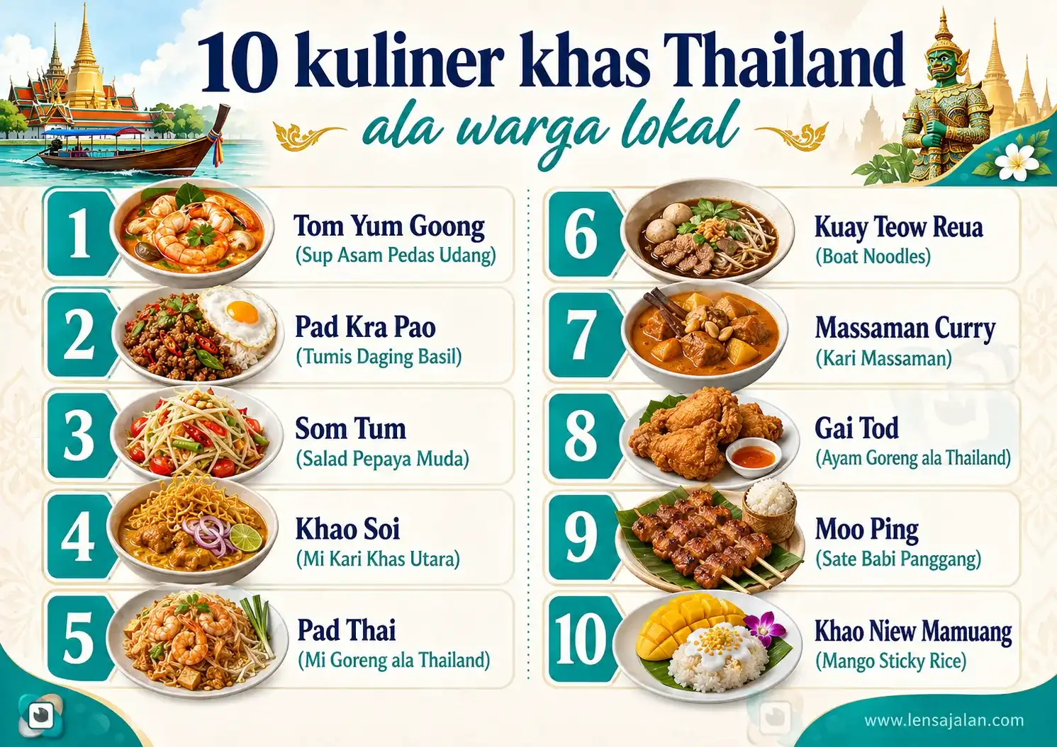 Infografis 10 kuliner khas Thailand ala warga lokal, mulai dari Tom Yum Goong, Pad Thai, Khao Soi, hingga Mango Sticky Rice.