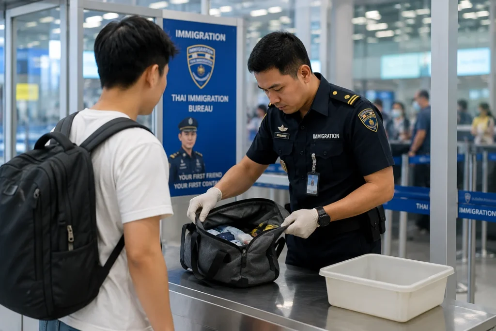 foto petugas imigrasi thailand sedang memeriksa barang bawaan wisatawan asing