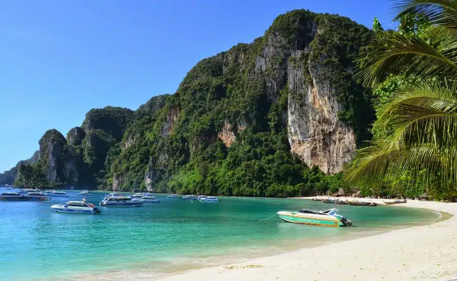 phi phi island di thailand. pantai dengan keindahan alam dan tebing-tebing alami