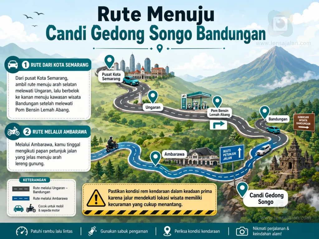 Infografis rute menuju Candi Gedong Songo Bandungan dari Kota Semarang melalui Ungaran dan Ambarawa, lengkap dengan jalur jalan, ikon kendaraan, titik lokasi penting, serta peringatan untuk memastikan kondisi rem kendaraan tetap prima karena jalur menanjak cukup curam.