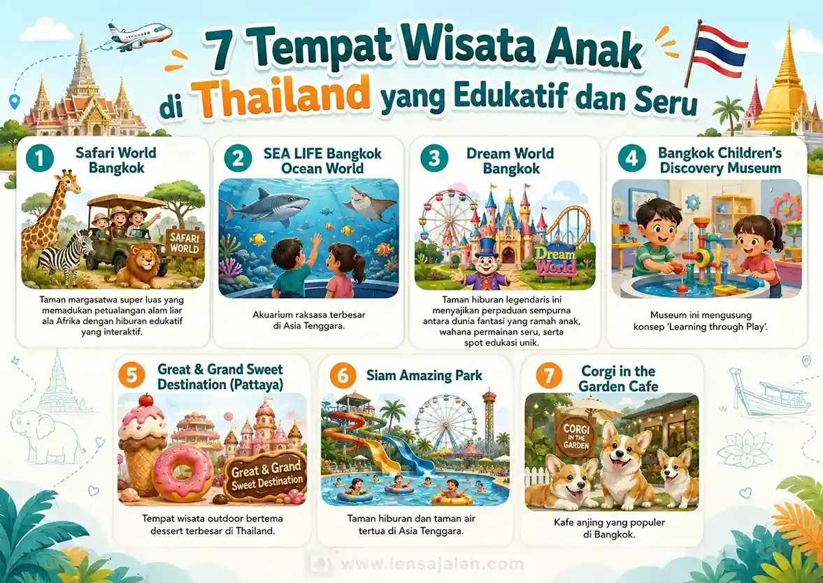Infografis 7 tempat wisata anak di Thailand yang edukatif dan seru, mulai dari Safari World Bangkok, SEA LIFE Bangkok Ocean World, hingga Corgi in the Garden Cafe.