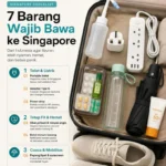 Infografis 7 barang wajib dibawa ke Singapore dari Indonesia, meliputi portable bidet, adapter Tipe G, power strip, obat pribadi, botol minum, payung dan sunscreen, serta sneakers.
