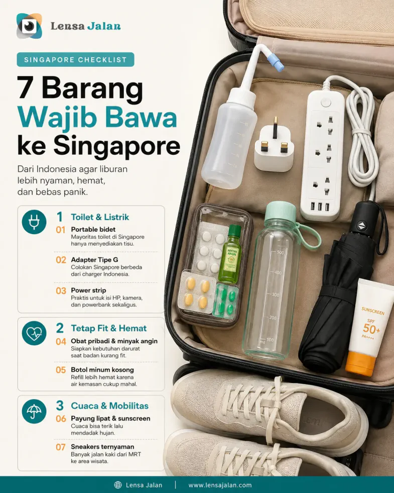 Infografis 7 barang wajib dibawa ke Singapore dari Indonesia, meliputi portable bidet, adapter Tipe G, power strip, obat pribadi, botol minum, payung dan sunscreen, serta sneakers.