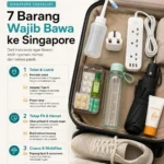 Infografis 7 barang wajib dibawa ke Singapore dari Indonesia, meliputi portable bidet, adapter Tipe G, power strip, obat pribadi, botol minum, payung dan sunscreen, serta sneakers.