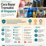 Infografis cara bayar transaksi di Singapura untuk turis Indonesia menggunakan kartu debit, kredit, cash SGD, QRIS, ATM, dan money changer.