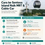 Infografis cara ke Sentosa Island naik MRT dan cable car dari HarbourFront, lengkap dengan rute, harga tiket, dan alternatif transportasi dari VivoCity.