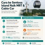 Infografis cara ke Sentosa Island naik MRT dan cable car dari HarbourFront, lengkap dengan rute, harga tiket, dan alternatif transportasi dari VivoCity.